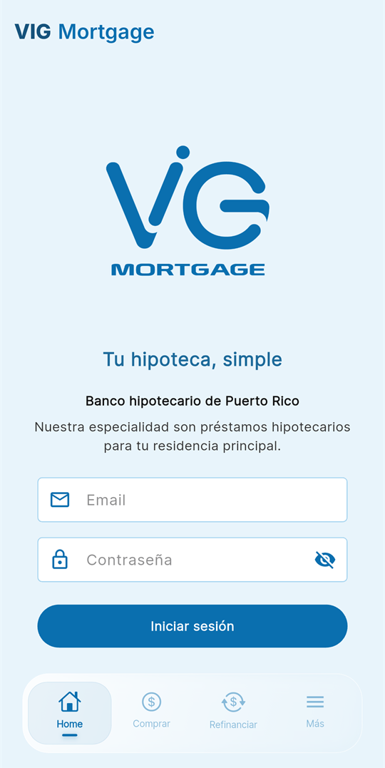Pantalla de inicio de la app VIG Mortgage